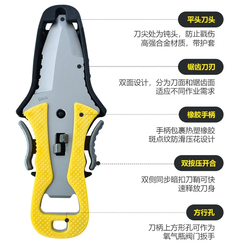 Multi-functional rope-cutting device, fire-fighting water rescue knife, portable diving tool