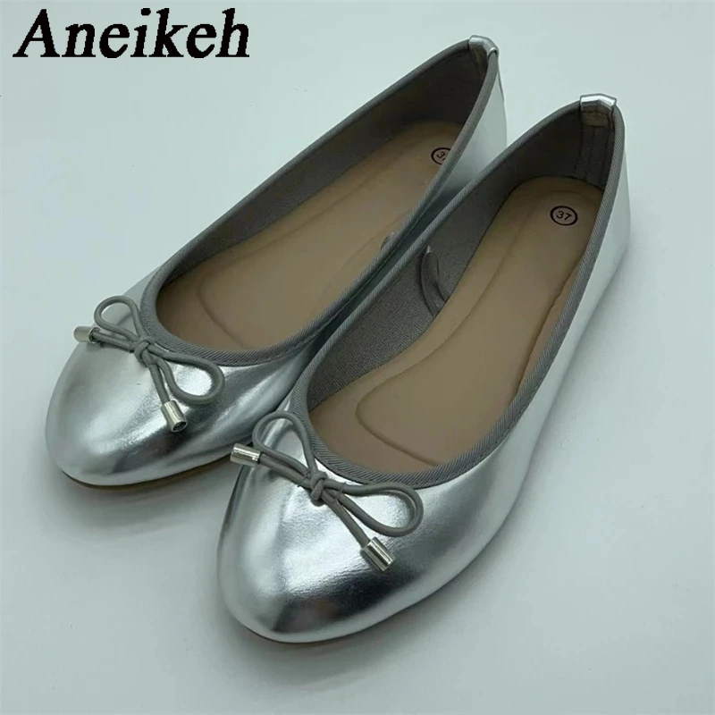 Aneikeh Gold Silver Fashion Flats Luxury Women Ballerinas Round Toe Bowtie Slip on Comfort Loafers Ladies Casual Mules Shoes