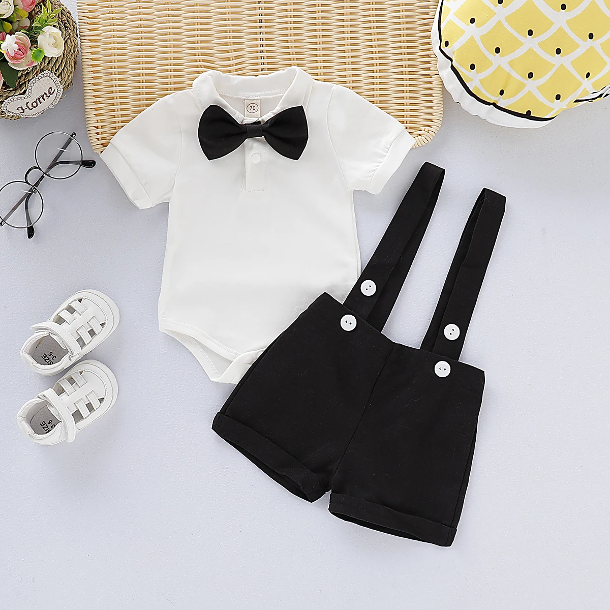 2PCS Gentleman Outfits Newborn Baby Boy Formal Costumes Short Sleeve Romper with Bow+Strap Shorts Summer Birthday Clothing