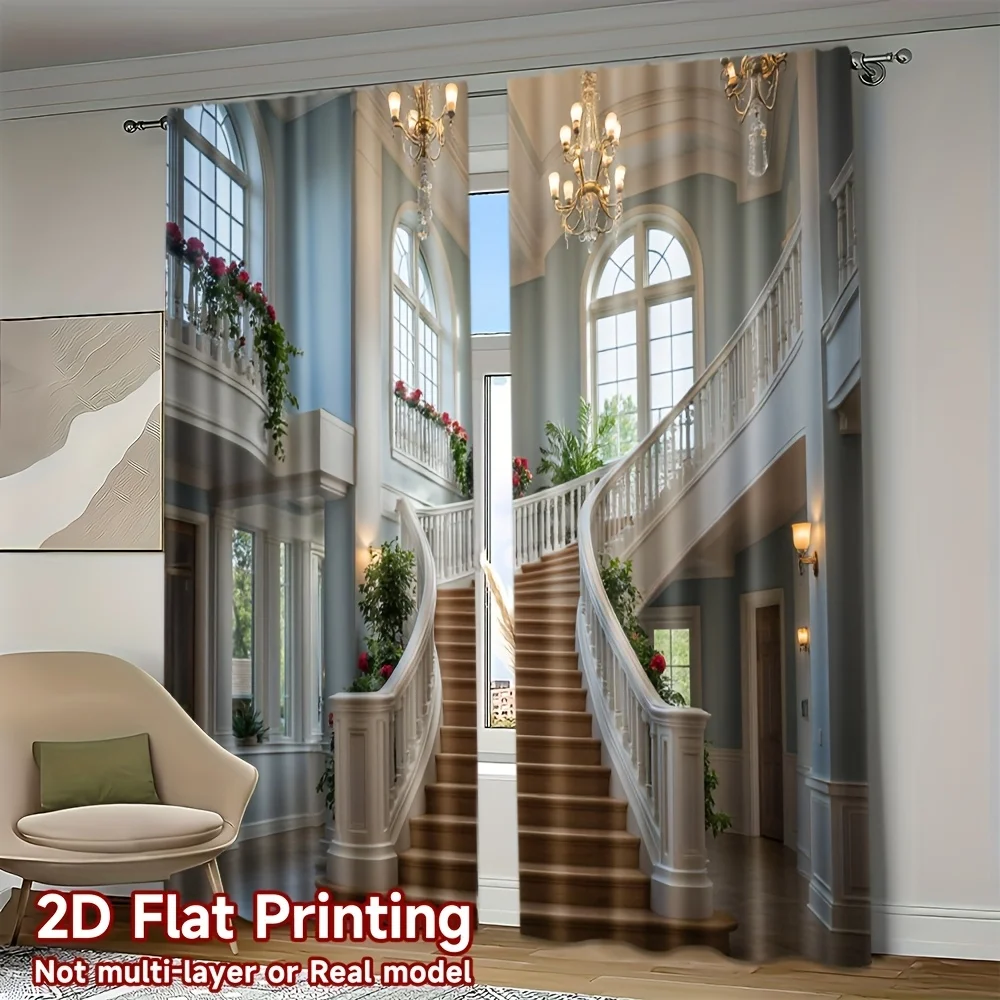Ultra Luxury Mansion Staircase Curtains Photo Print Drape Curtain Panel for Living Room Hallway Neoclassical European