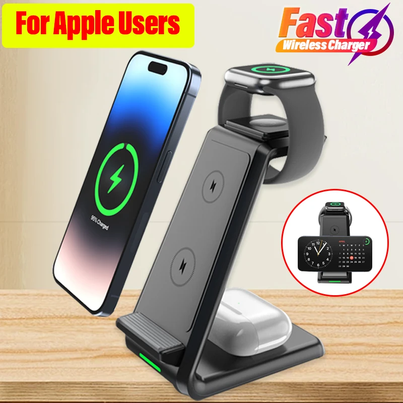 3 in 1 Wireless Charger Stand For iPhone 16/15/14/13/12 Pro Max 15W Fast Charging Station for AppleWatch 9/8/7/6/5 Airpods 3/2