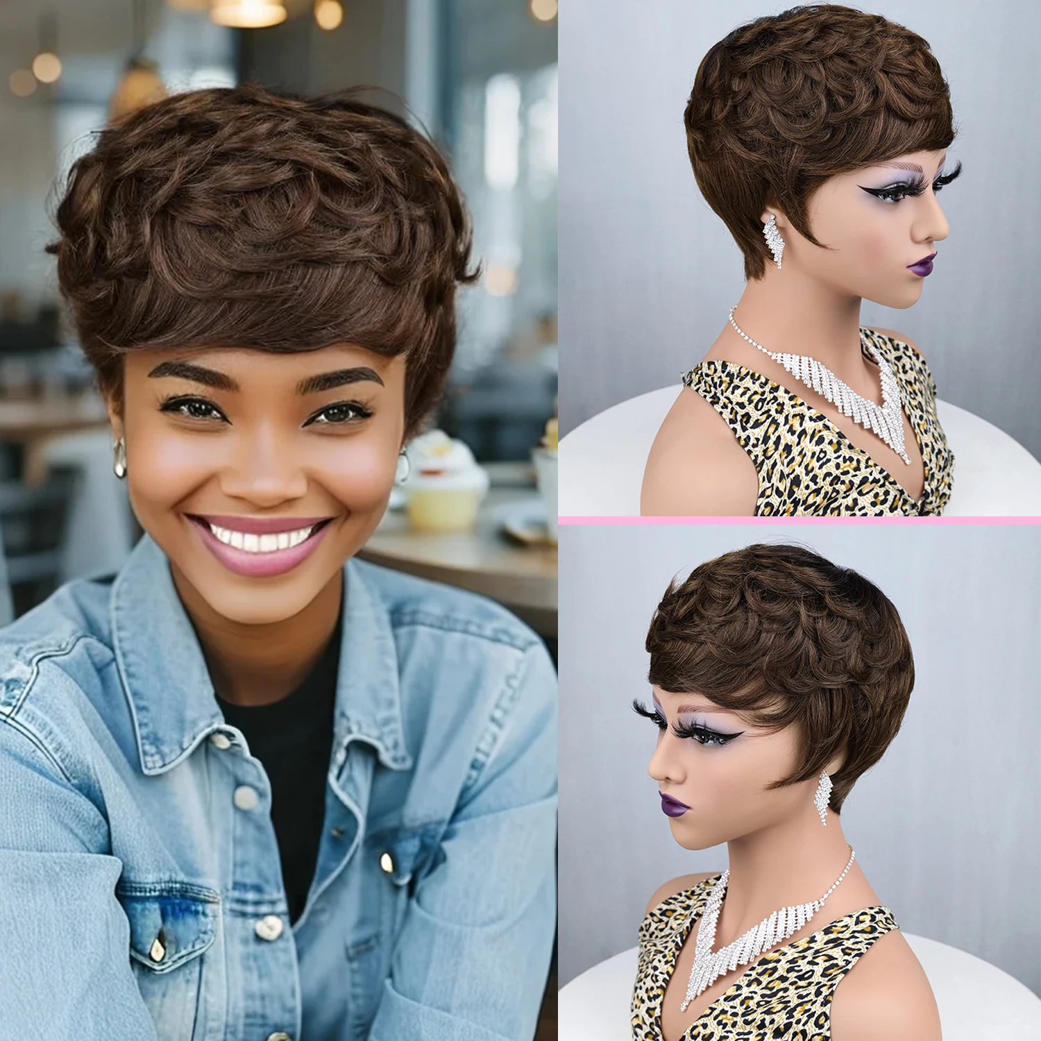 Peluca de Cabello Humano con Corte Pixie para Mujer, Pelucas Cortas con Corte Pixie, Peluca Pixie sin Pegamento, Peluca Corta en Capas para Mujer