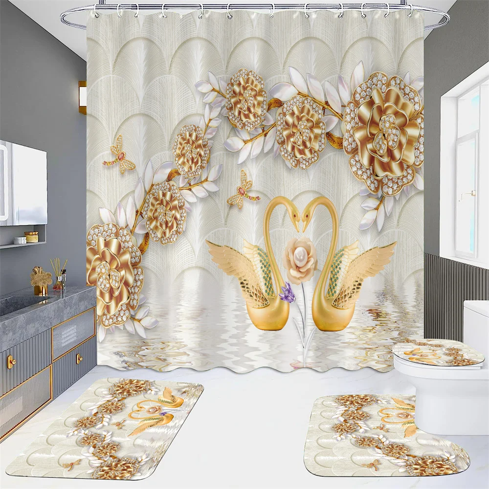 

Premium Printed Bathroom Curtain Set Printed Floor mat Toilet mat Shower Curtain Bathroom Home Waterproof Fabric Decoration