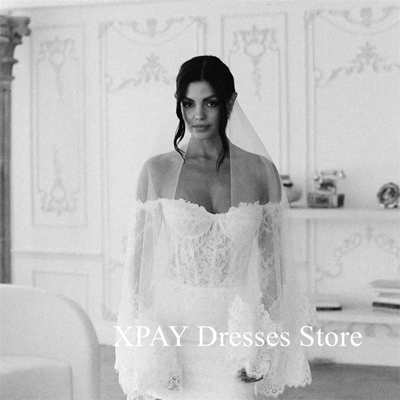 XPAY 2025 Short Skirt Off the Shoulder Wedding Dresses Lace Long Sleeves Vestidos De Fiesta Backless Party Dress With Veil