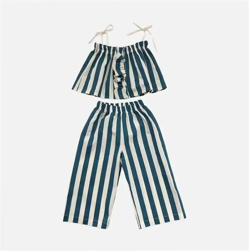 

Girls' Fashionable Striped Suit Summer New Children's Lace Camisole Top Casual Wide Leg Pants Two-piece Set