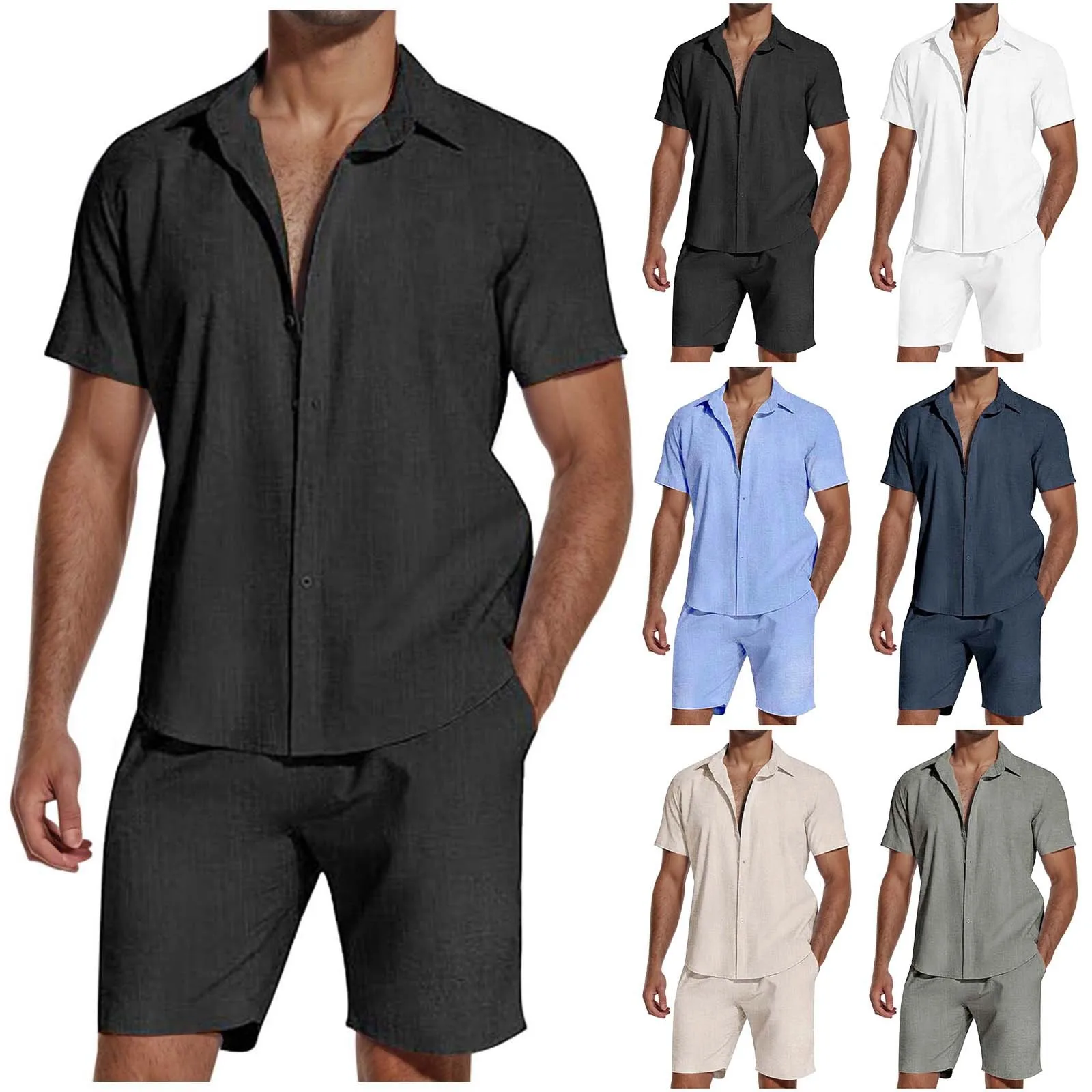 Men'a Spring And Fall 2-piece Beach-style Short-sleeved Button-down Lapel T-shirt Shorts Drawstring Casual Business Sports Suit