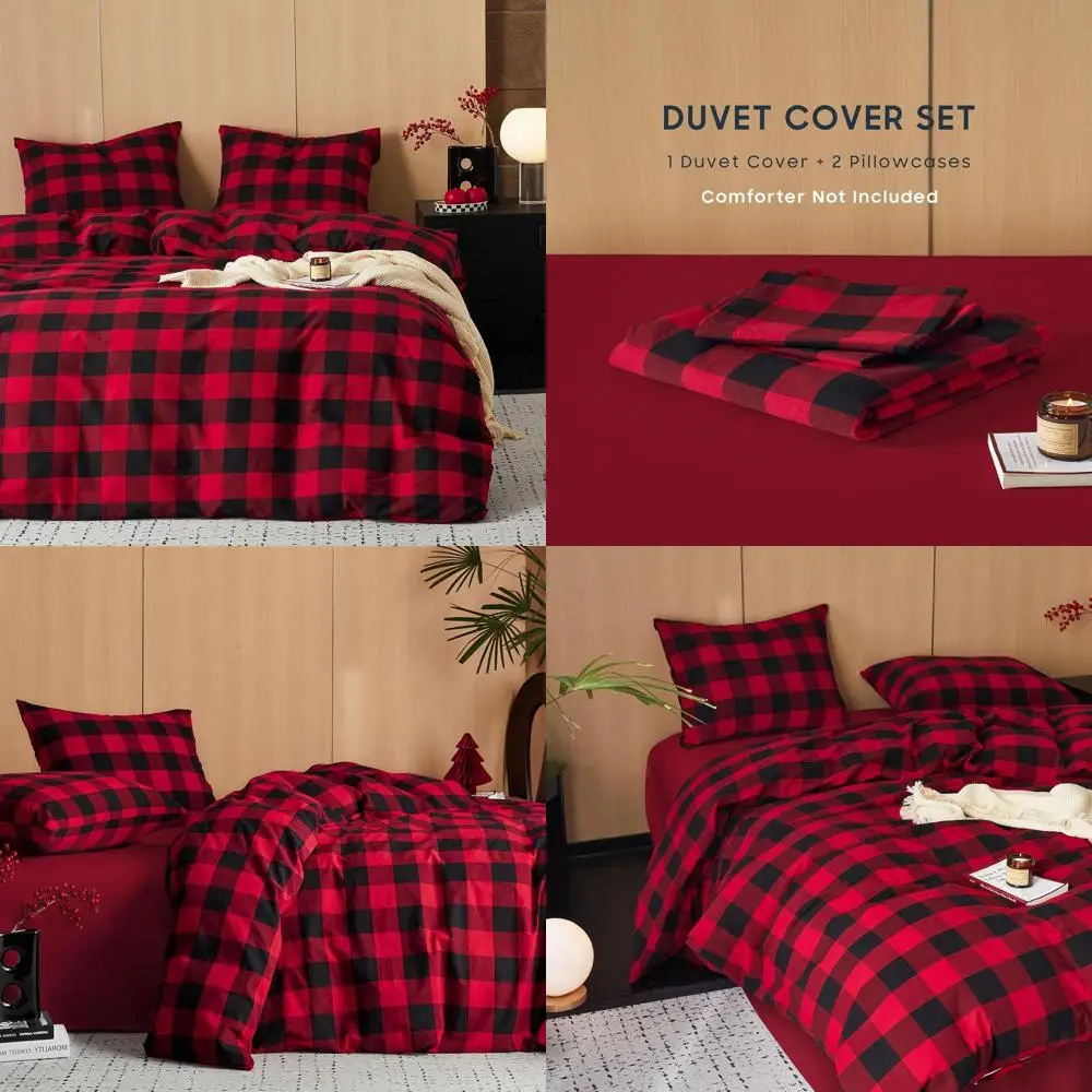 

Red and Black Plaid 100% Cotton Gingham Duvet Cover Set, King Size, 3-Piece Textured Percale Bedding