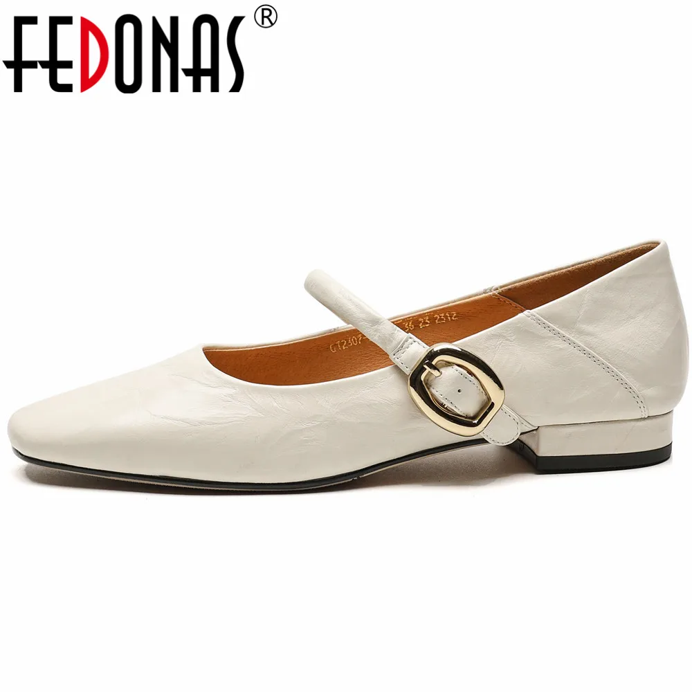 

FEDONAS Spring Summer Women Pumps Low Heels Genuine Leather Square Toe Retro Mary Janes Buckle Strap Shoes Woman Casual Working