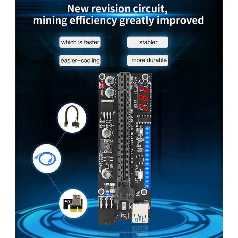 PCIE Riser 15X Plus PCI-E 16X Riser VER15X Riser Card 6Pin Power 14LED Lights Temperature Display For Miner Mining