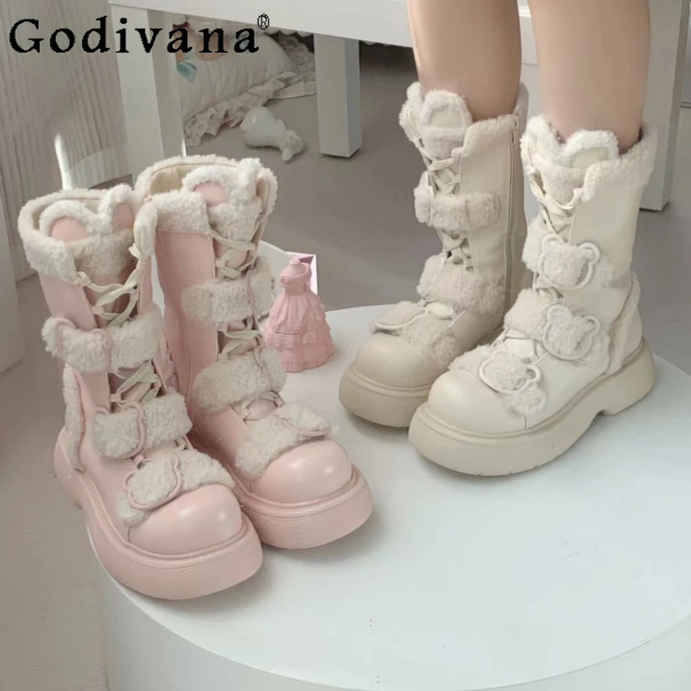 

Winter Sweet Lolita Shoes Cute Round Head Muffin Bottom Velvet Warm Snow Boots Casual Medium Women's Boot