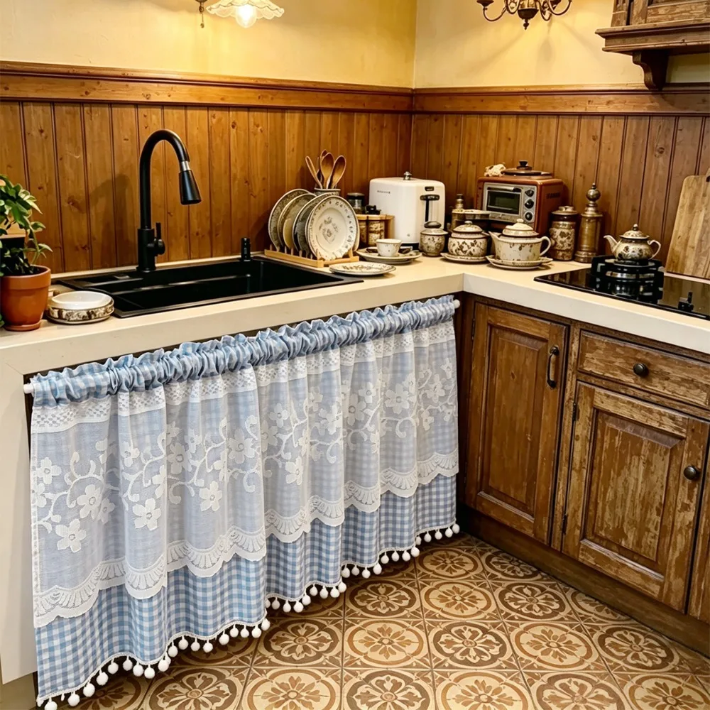Decorative Lace Trim Oven Skirt Curtain Gingham Pattern Vintage Dishwasher Cover Rustic Farmhouse Oven Skirt Home Decor