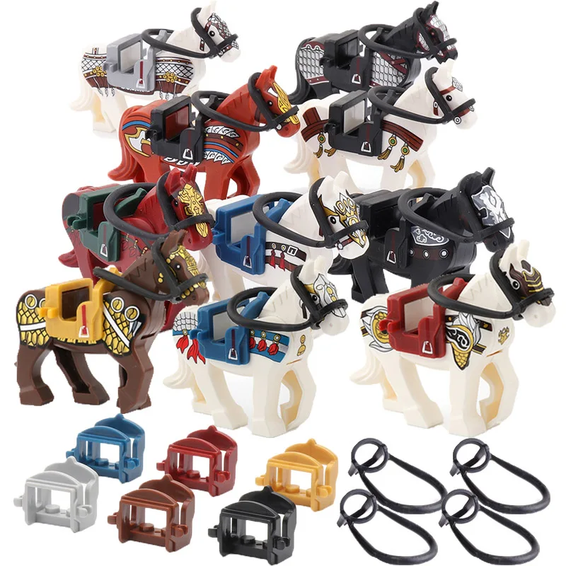 Military War Horse Building Blocks Medieval Knights Figures Cavalry Mount Animal Horse Accessories Saddles Rope Blocks Toys C360