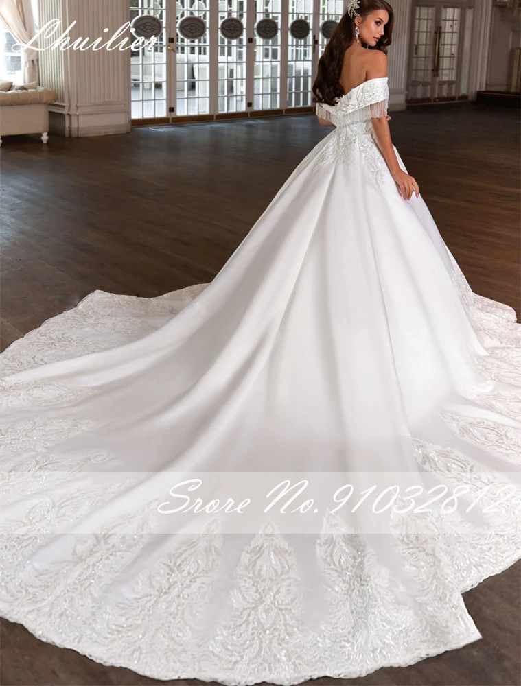 Lhuillier Elegant A Line Boat Neck Satin Wedding Dresses Floor Length Beaded Bridal Dress with Chapel Train