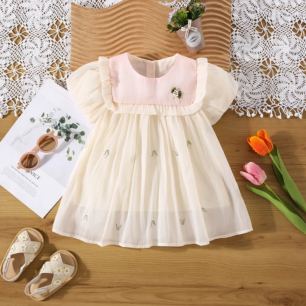 Summer Baby Girl Dress Girl Colored Collar 3D Small Bow Small Flower Embroidered Mesh Princess Dress