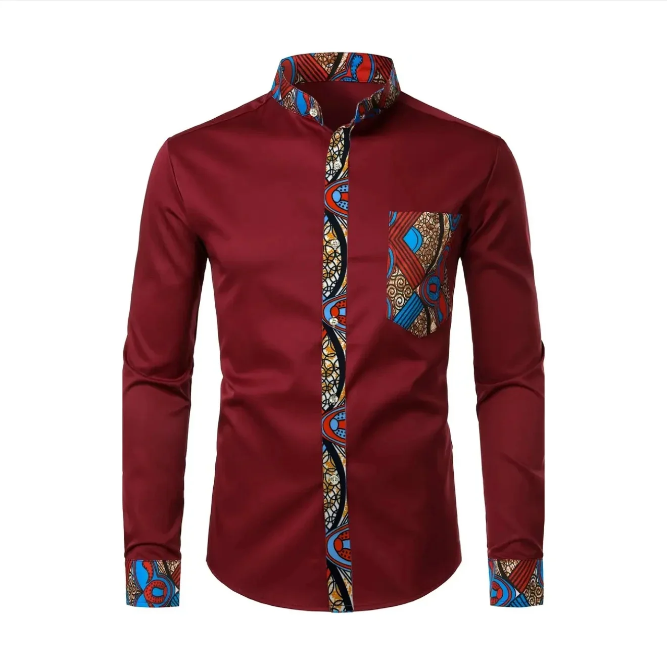 2025 Dashiki 아프리카 남성 셔츠 패치 워크 포켓 Africaine 프린트 셔츠 남성 앙카라 스타일 긴 소매 디자인 칼라 Mens Dress Shir