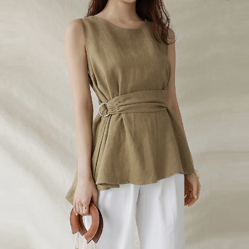 Summer O Neck Sleeveless Shirts with Belt Elegant Cotton Linen Blouse Women Casual Tops Fashion Solid Loose Clothes Blusas 27938