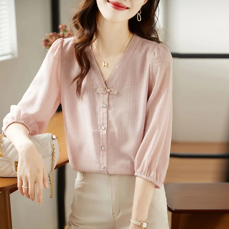 

Women Shirt Blouse Elegant New Summer Unique V-Neck Chiffon Shirt Blouse Women Tops Blouses Shirts Blusas Para Mujer 2026 Q4274