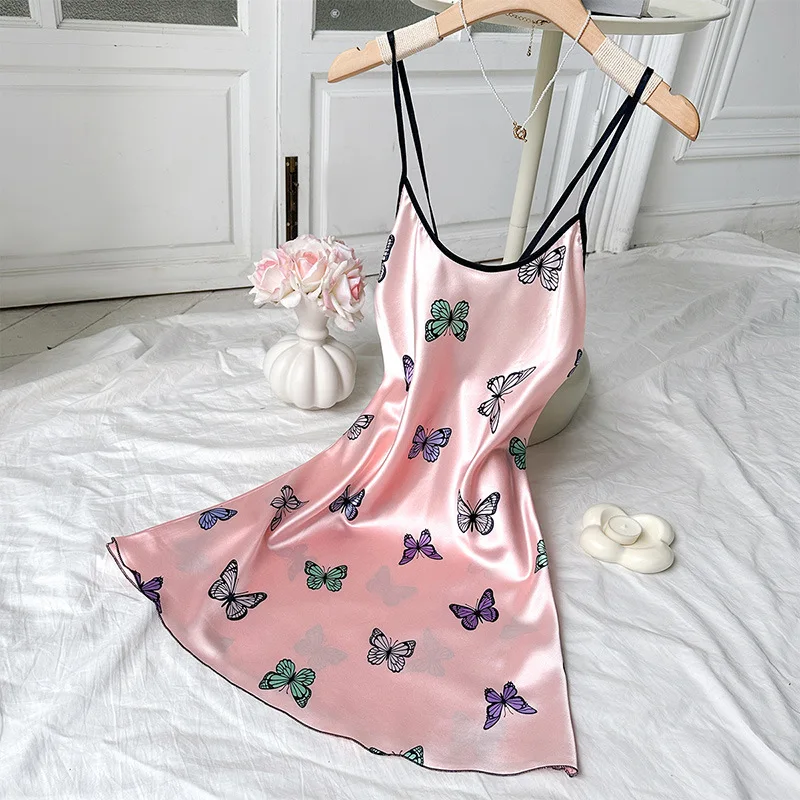 

Летняя женская одежда для сна, ночная рубашка с открытой спиной из синтетического шелка, дышащими узорами с принтом и бретелями в форме бабочки