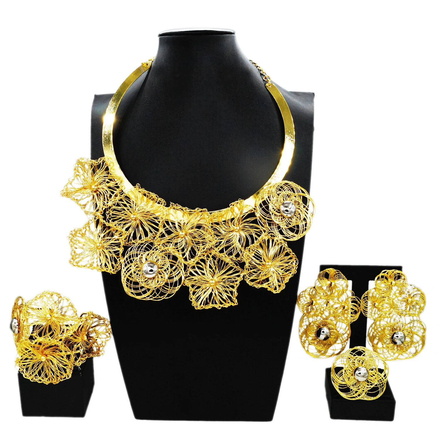 Brazilian Gold Plated Jewelry Set Women Wedding Necklace Earrings Copper Material Handmade Luxury Party Ring Earrings