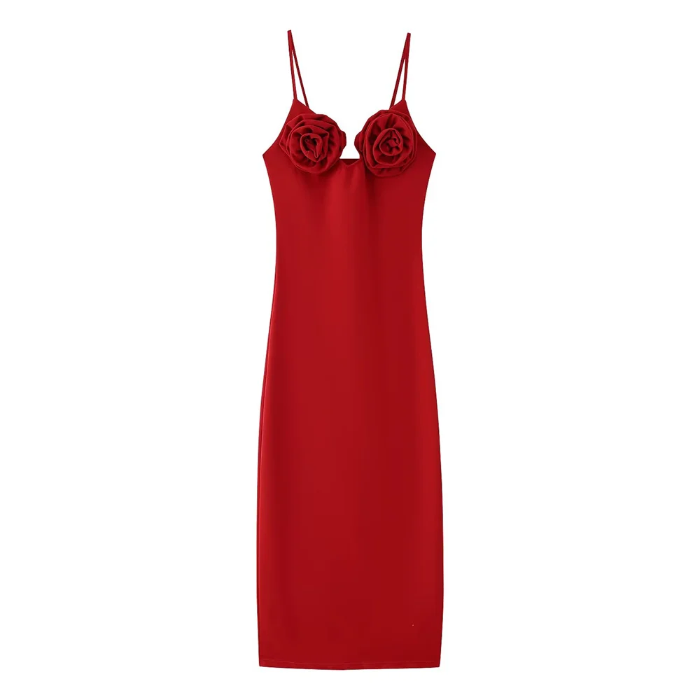 สินค้าใหม่ประจำฤดูร้อน ชุดเดรสผู้หญิงทรงเข้ารูป เซ็กซี่ โชว์หลัง สายเดี่ยว ตกแต่งดอกไม้สามมิติ