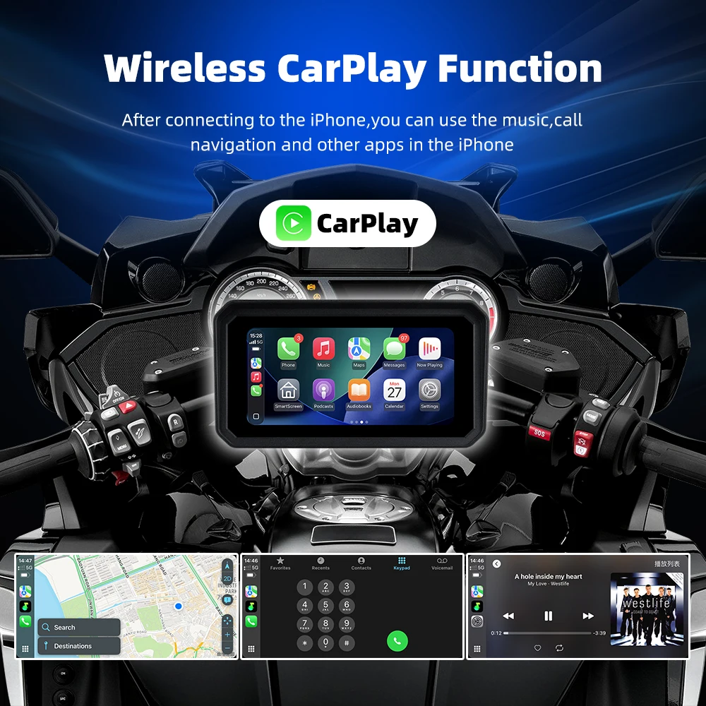 EKIY 6 in  Wireless Android Auto Carplay Motorcycle Display Screen  Waterproof IPX67 Monitor TPMS  DVR Motorbike GPS Navigation