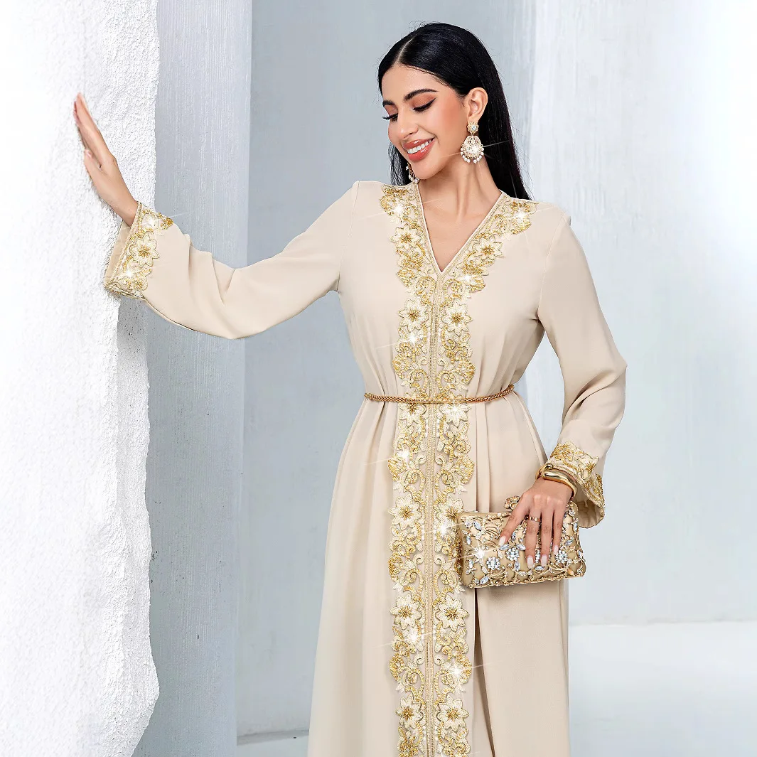 Moda Eid Mubarak Dubai Abayas Kobiety Muzułmańskie Długie Rękawy Maxi Sukienka Ramadan Jalabiya Kaftan Caftan Wieczór Marocain Femme Suknia