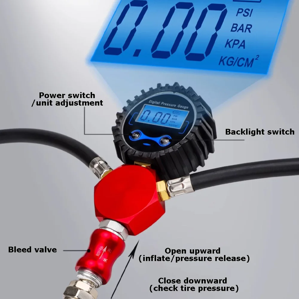 High-Precision Four-Way Digital Tyre Pressure Gauge for Automobile Tyres, Explosion-Proof Air Pipe for Desert Off-Road