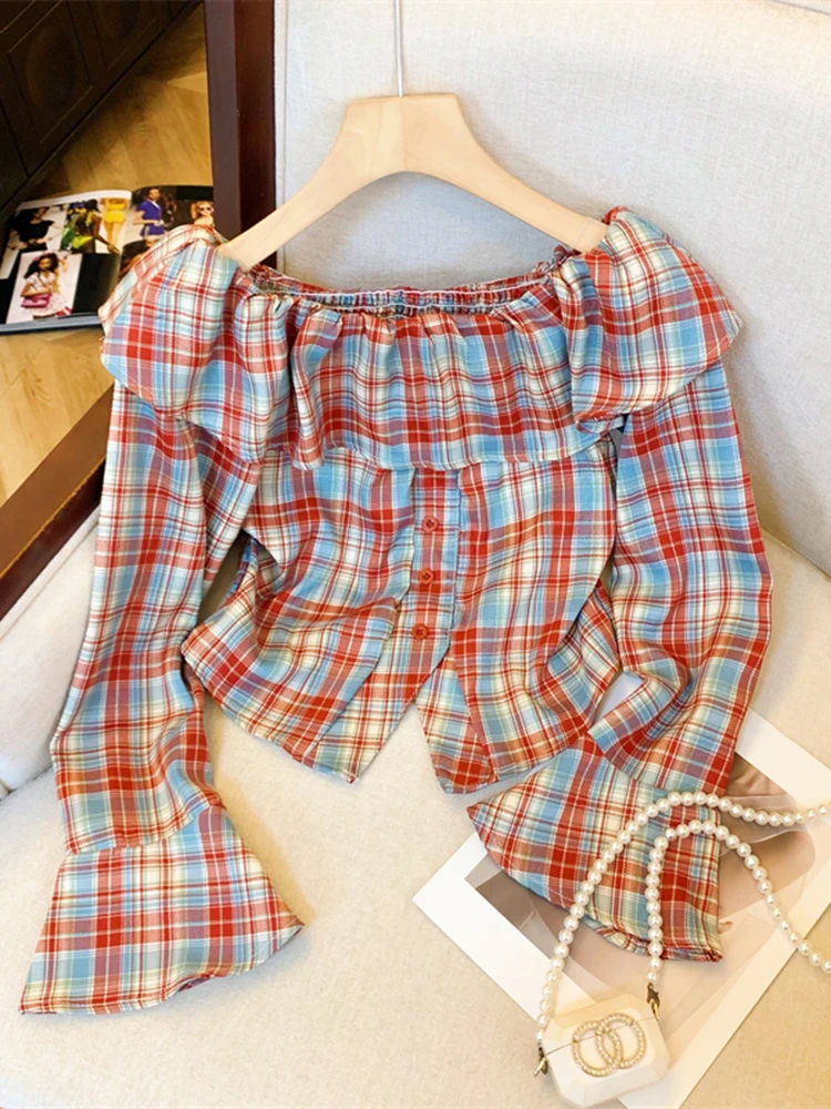 

Autumn New Women Sweet Checkered One Shoulder Shirt Korean Retro Fashion Versatile Trumpet Sleeve Women's Loose Shirt Top