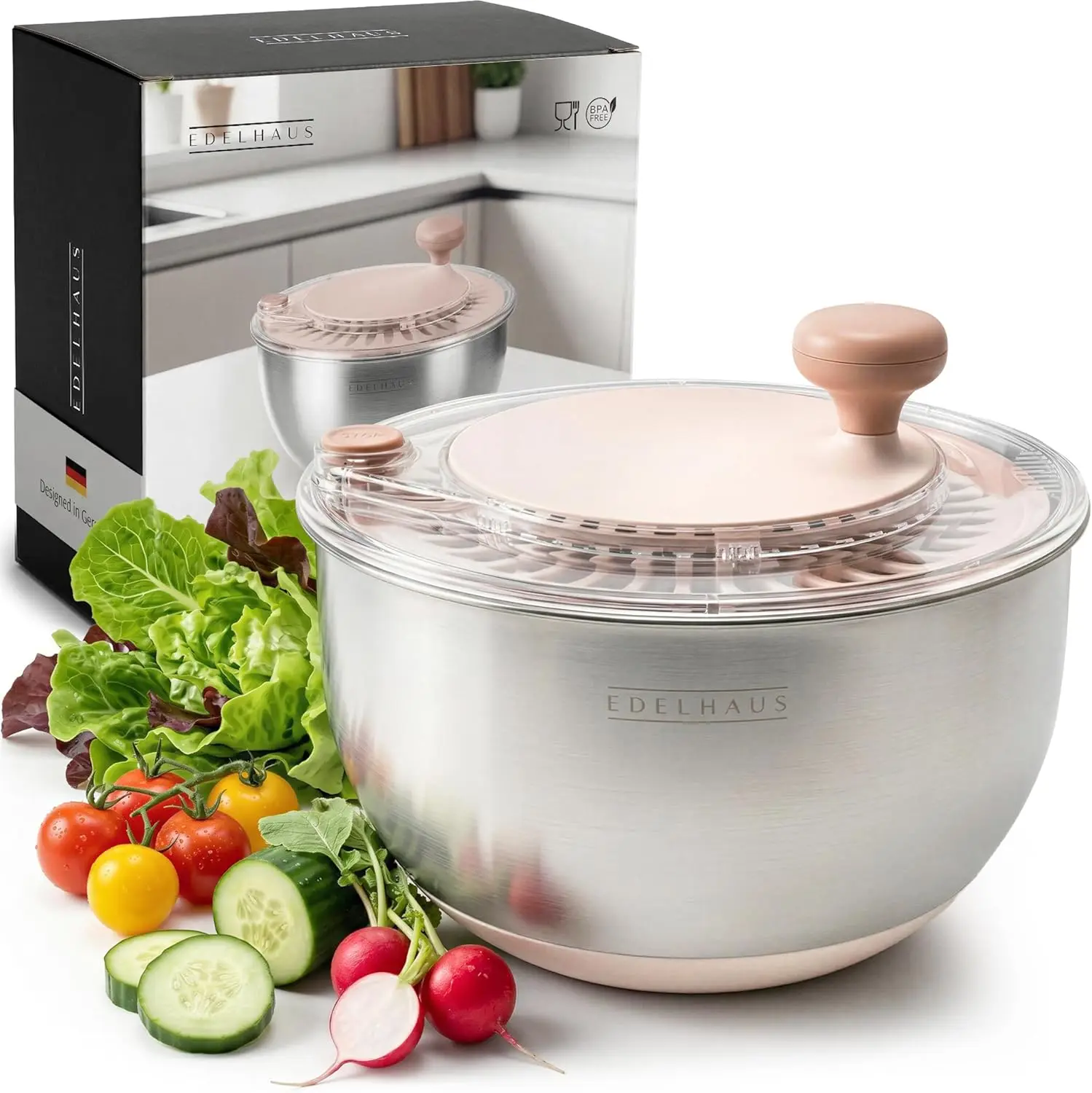 

Stainless Steel Salad Spinner 5.3Qt with Stop Button and Drain Spout