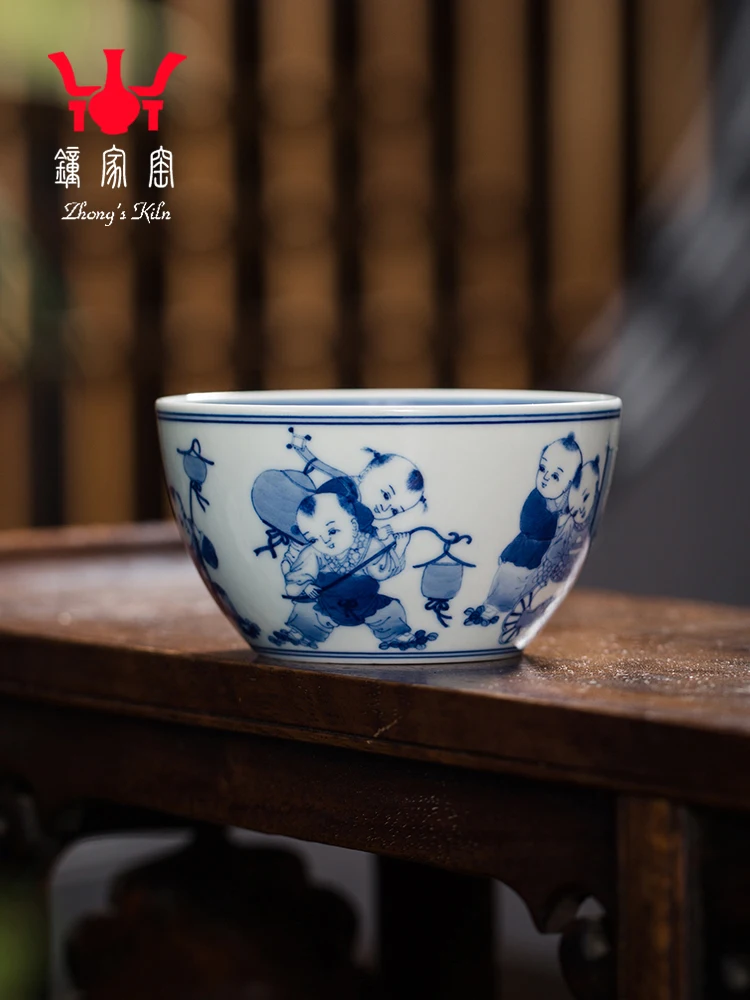 

Zhongjia Ceramic Master Jingdezhen Hand-ainted Chai Kiln Blue And White Boy Sring Feet Cu Kung Fu Tasting Tea