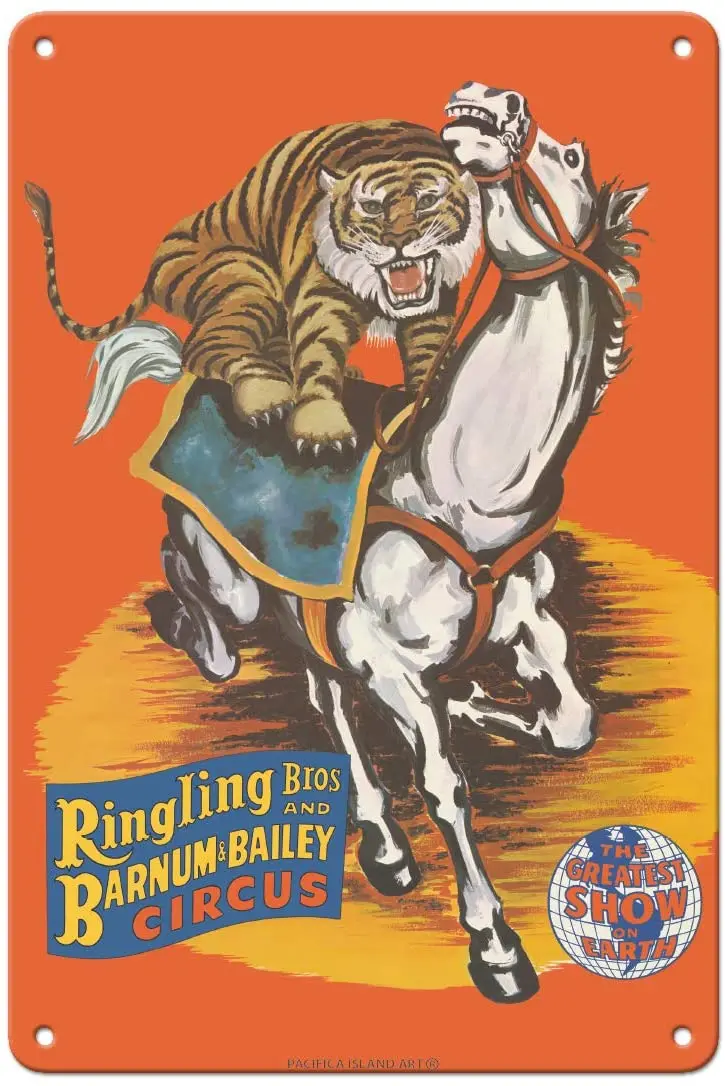 Pacifica Island Art Ringling Bros and Barnum & Bailey Circus - Tiger On Horse - Vintage Circus Poster c.1966-8in  Metal Tin sign