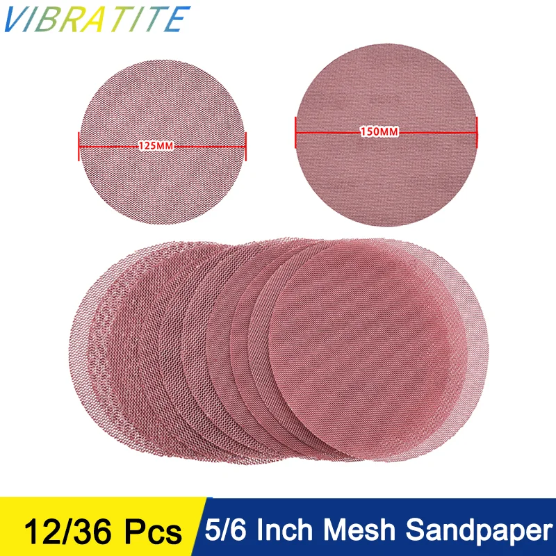 5/6 Inch Mesh Sanding Discs Hook & Loop 60-1000 Grit Dust Free Sandpaper 12/36 Pcs for Polishing Wood Auto Body Drywall Metal