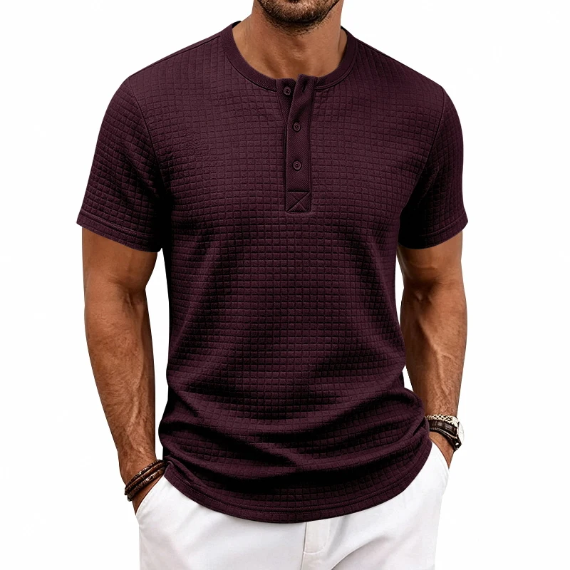 Men's check texture Henry collar short-sleeved casual T-shirt, with a loose design, suitable for summer sports and daily wear