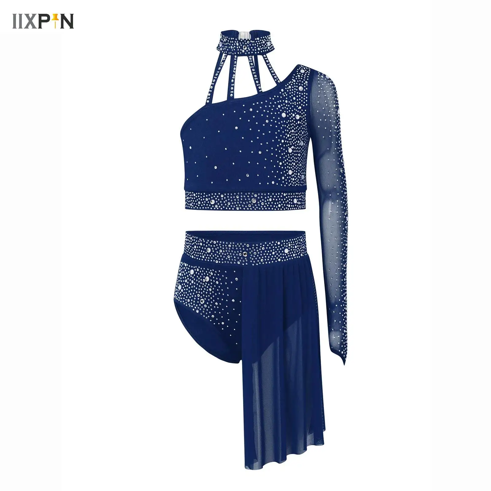 

Kid Girls Lyrical Dance Set Modern Contemporary Costume Rhinestones Crop Top+Skirted Leotard Rhythmic Gymnastic Ballet Dancewear