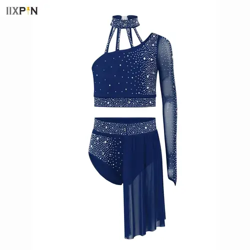 Imagen 1 del producto Conjunto de danza lírica para chico y niña, traje contemporáneo moderno, Top corto con diamantes de imitación + leotardo con falda, Ropa de baile de Ballet gimnástico rítmico