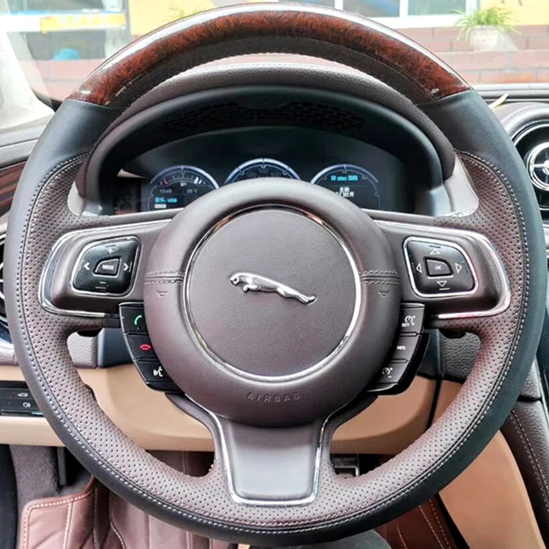 DIY Hand Stitched Peach wood grain black Genuine Leather Car Steering Wheel Cover For Jaguar F-PACE F-TYPE XFL XEL XF XE XJL