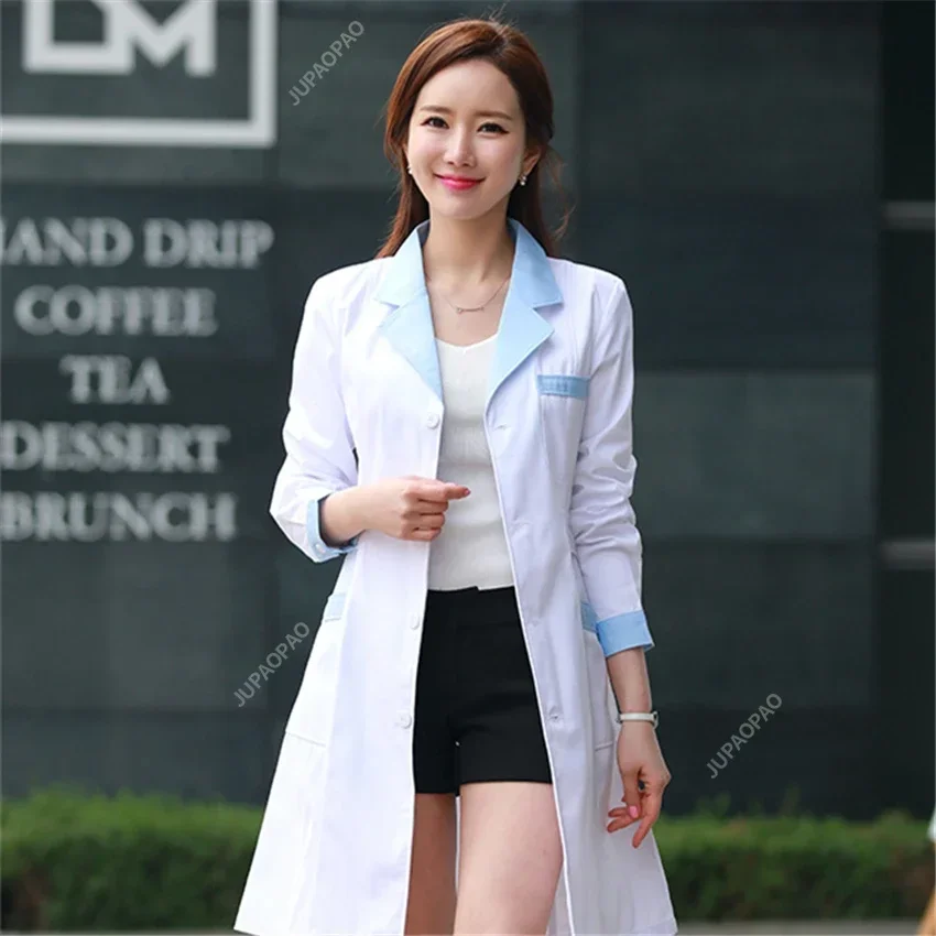 Women's Lab Coat Fashion Medical Uniforms Long Jacket with Side Belts Short Sleeve/long Sleeve Workwear Pharmacy White Coat