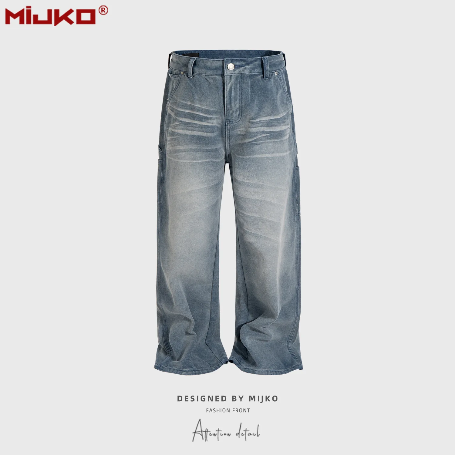 

MIJKO Straight Jeans with Water Washing and Aging Unisex High Street Cool and Retro Denim Pants Z048
