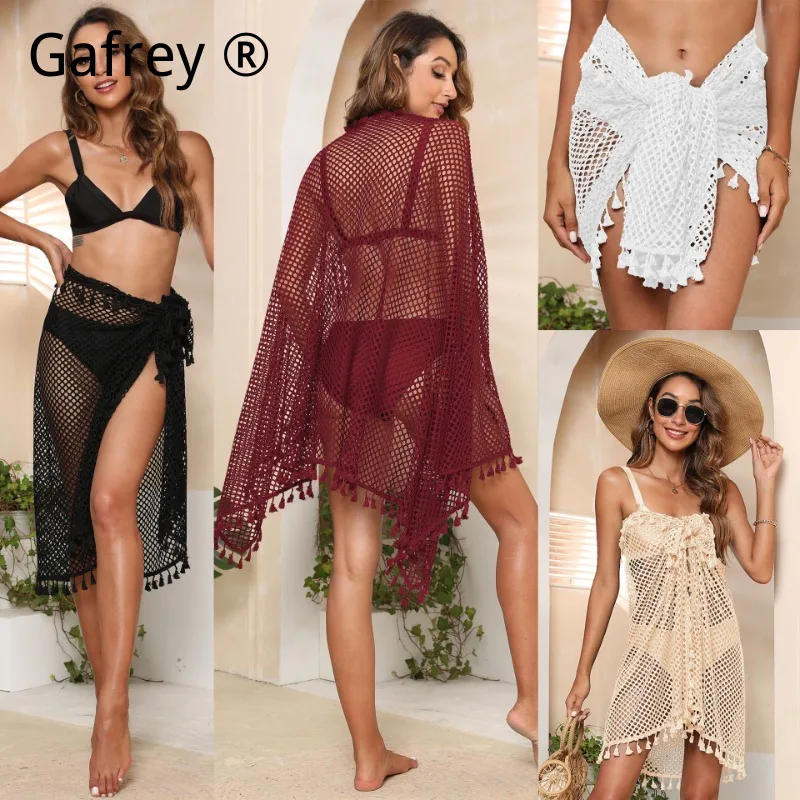 

Women's Sheer Mesh Tassel Patchwork Beach Sarong, Irregular Wrap Skirt & Shawl for Summer Vacation & Swimwear Cover Up