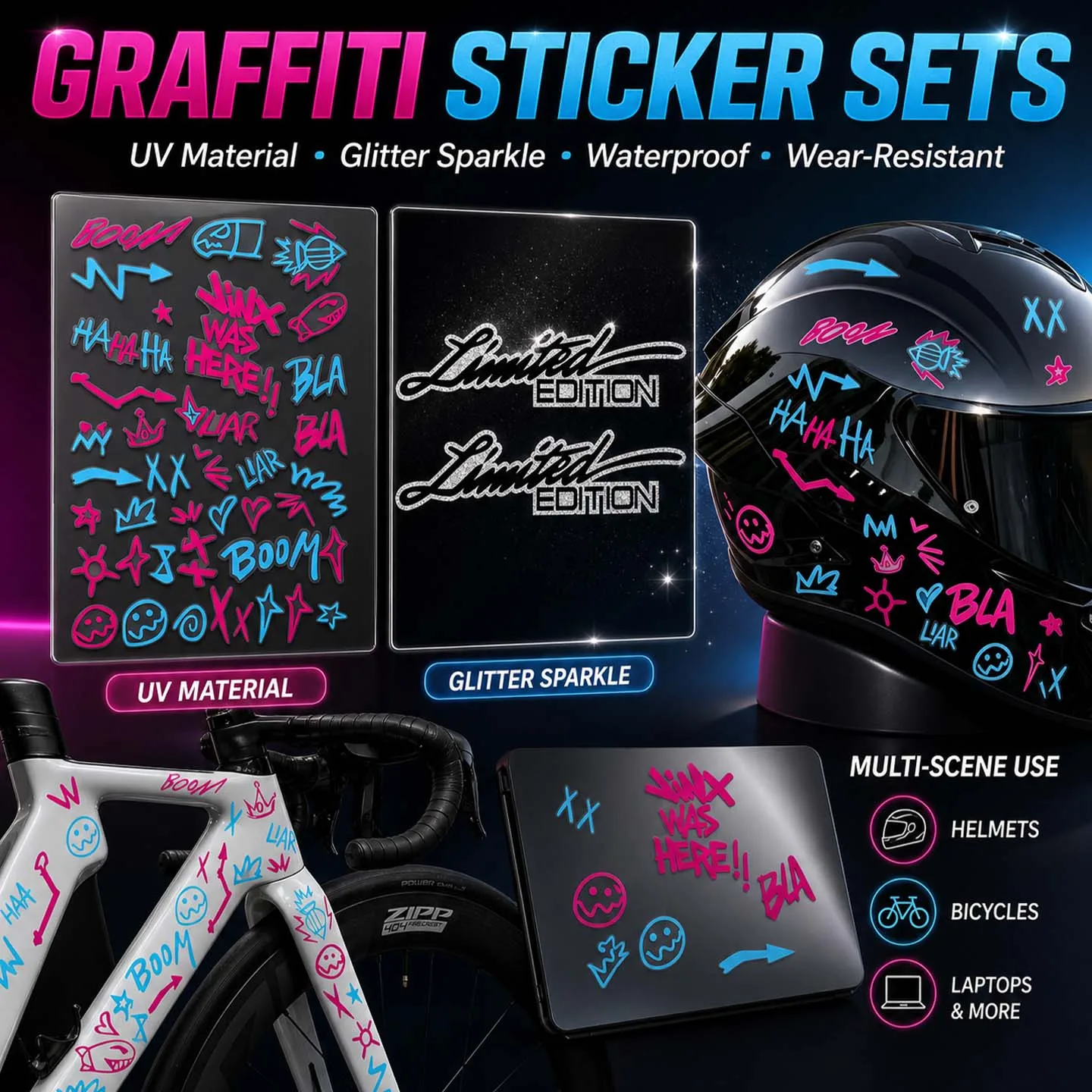 Glitter Limited Graffiti Sticker Set UV Waterproof DIY Stickers For Motorcycle Helmet Bicycle Laptop Scooter Body Vinyl Decor