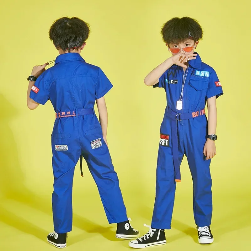 Kids Cool Short Sleeve Hip Hop Clothing Blue Red Loose Jumpsuit Overalls for Girls Boys Jazz Dance Costumes Dancing Clothes Wear