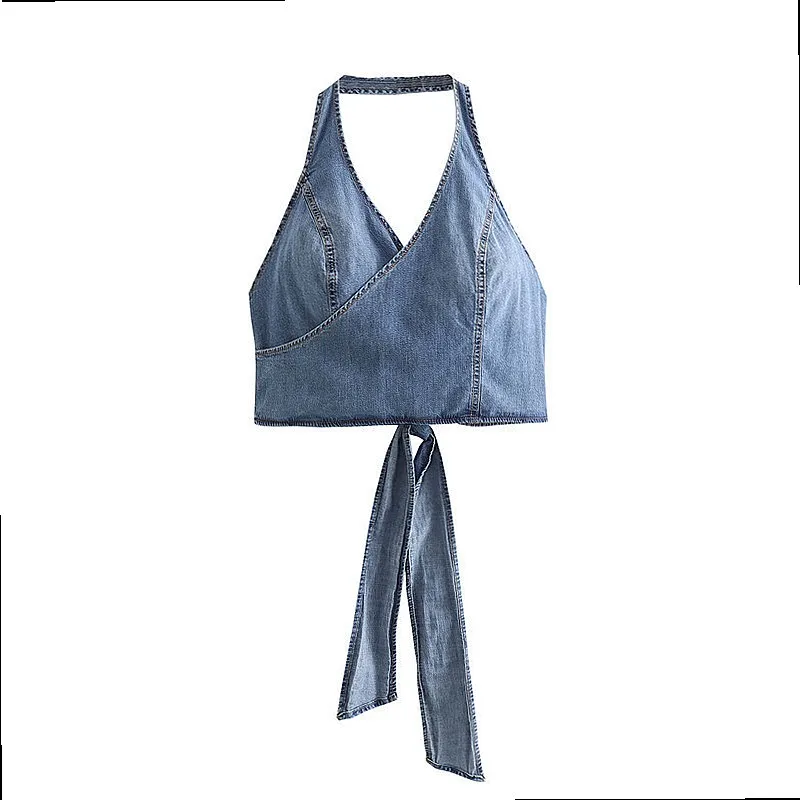 Two-tone Denim Halter Top Backless Lace Up Tie Crop Tops Blouse Summer Sexy Going Out Tee