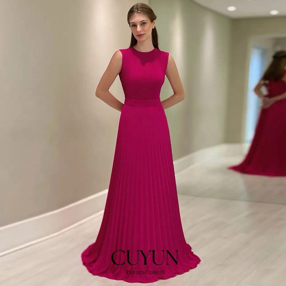 ชุดราตรี CUYUN สีชมพูสดใส คอทรงโอ แขนกุด จับจีบ ทรงเอไลน์  ชุดออกงานหรูหราสง่างาม  ชุดเดรสสำหรับงานวันเกิดผู้หญิง ปี 2025  รับตัดตามสั่ง