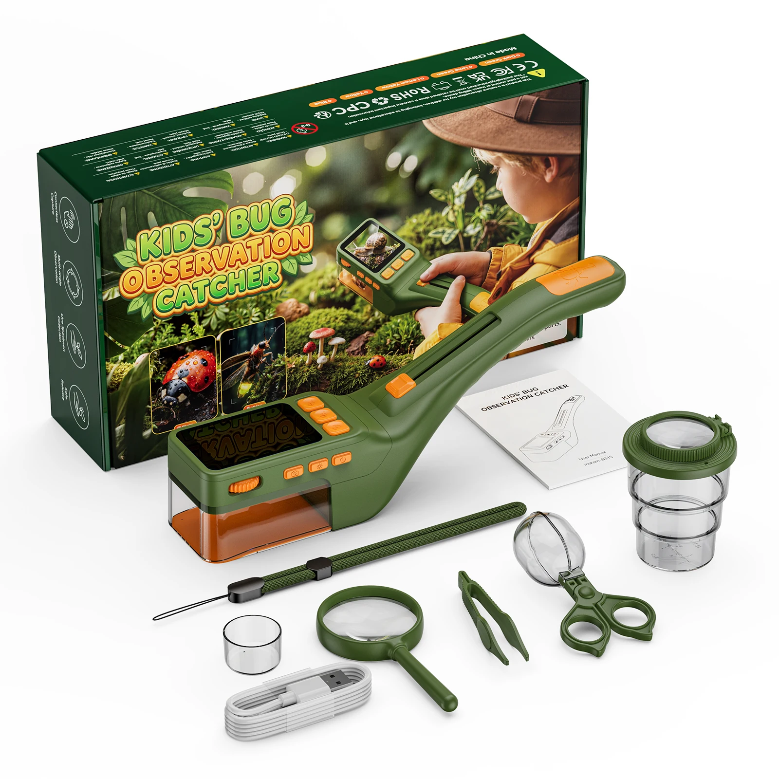 Kids Insect Microscope 2.4-Inch IPS Screen 500X Zoom Kids Microscope 8 LED Educational Science Toy For Christmas Birthday Gift