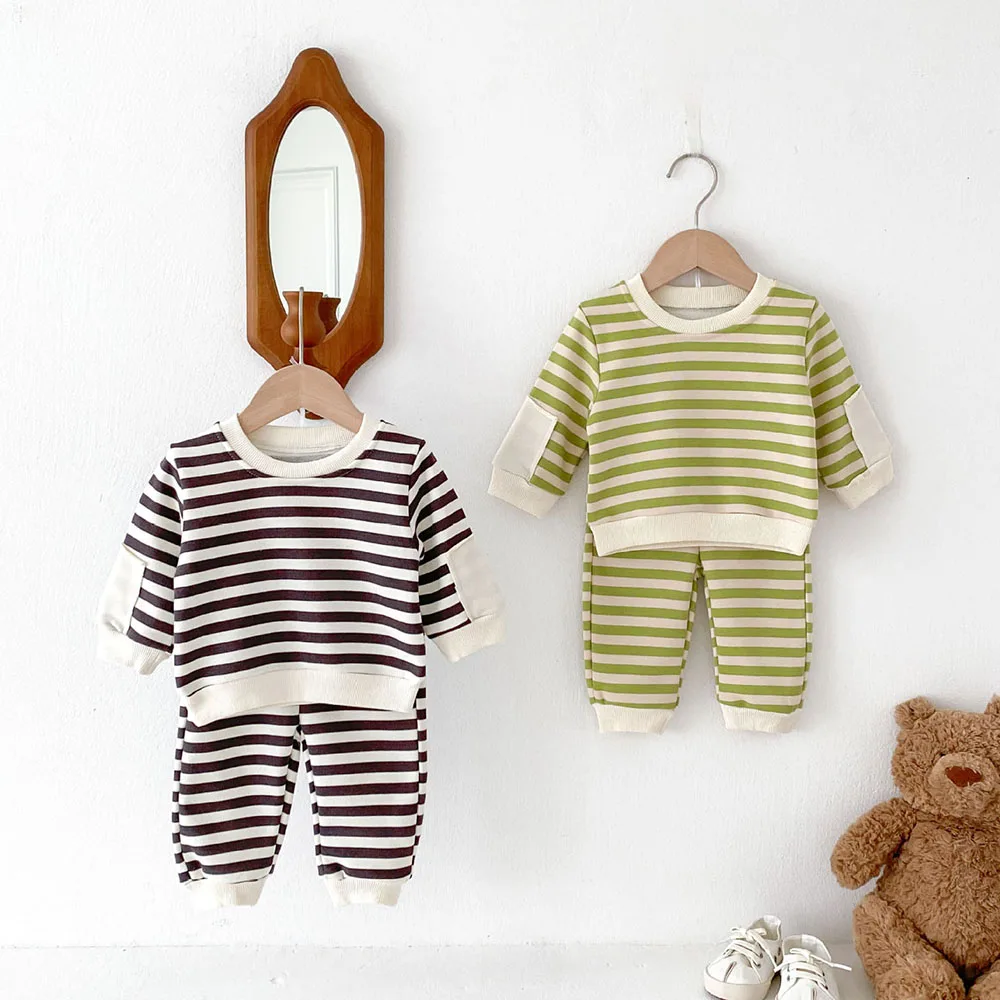 MILANCEL Autumn Baby Kid\'s Clothes Set Boys Striped Long Sleeve Hoodies Suit Girls Sweatshirt Casual Suit  Top+Pants 2Pcs