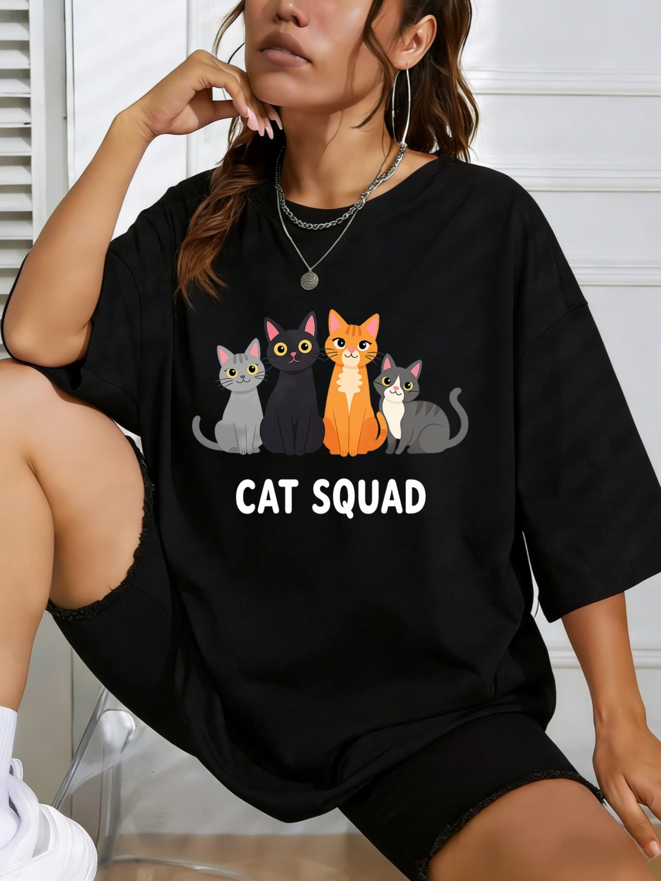 

Womens T Shirts Short Sleeve Cute Graphic Cat Squad Printed Cotton Oversized Summer Casual Daily Wear T Shirt Gift for Her