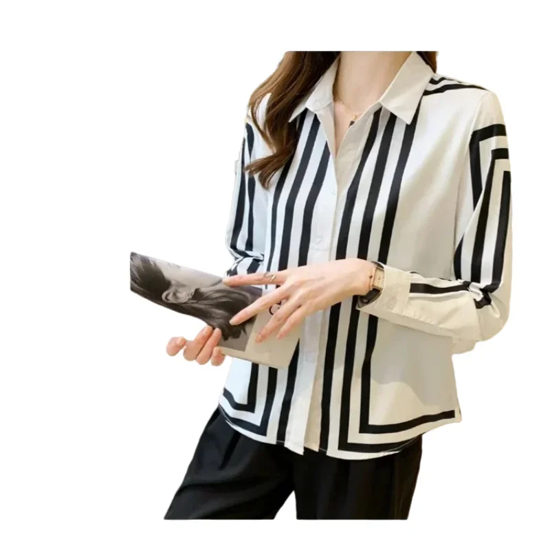 Chiffon Women\'s Shirts Summer Long Sleeve Soft Comfortable New Casual Korea Fashion Lapel Stripe Single-breasted Elegant Blouses