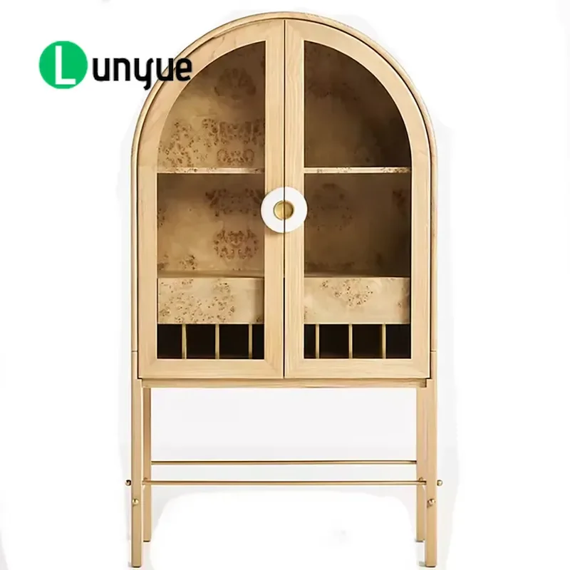 Luxury Modern Elegant Arched Glass Door Bar Cabinet Wood Grain Wine Storage for Living Room Home Decor Furniture