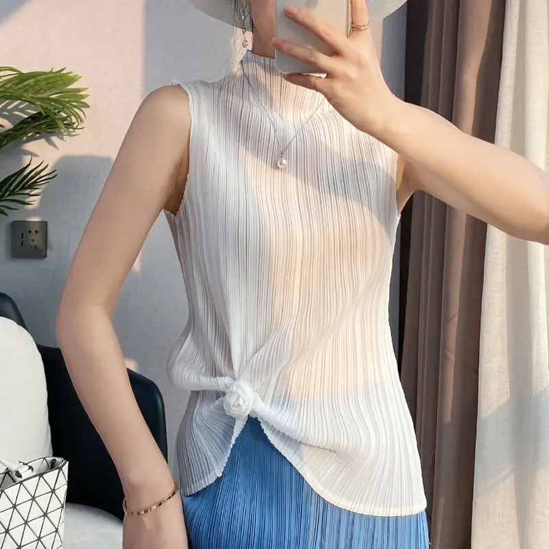 

Wrinkled summer slim fit, sleeveless high neck bottom tank top with lining halter top women clothes pink top women