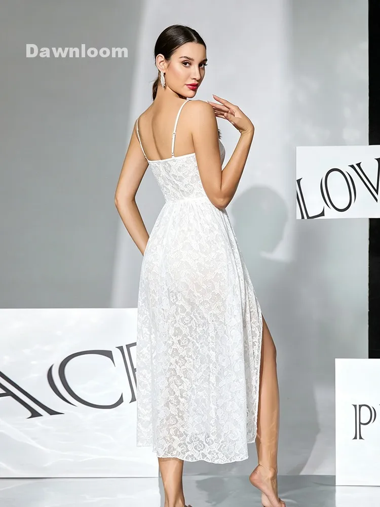 Dawnloom White Lace Spaghetti Strap Slit Midi Nightgown Luxury French Elegant Wedding Sheer Loungewear Nightdress for Women